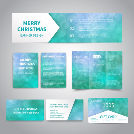 Merry Christmas Banner, flyers, brochure, cards, gift card design templates set with snowflakes, sparkles on blue background. Merry Christmas and Happy New Year party invitation, promotion printingのイラスト素材