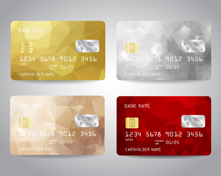 Realistic detailed credit cards set with colorful gold, silver, bronze, red triangular design background. Golden card, silver card Vector template EPS10のイラスト素材