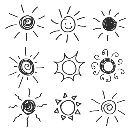 Sun icon set. Hand drawn doodle scribble sketch sun symbol collection. Vector designのイラスト素材