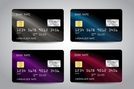 Realistic detailed credit cards set with black design background with white, blue, purple, red abstract waves. Vector templateのイラスト素材