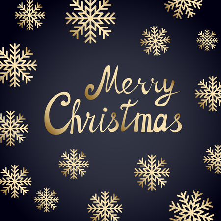 Merry Christmas vector card with gold text on black background with golden snowflakes. Elegant vector Christmas card, logo, text design. Vector design for banners, greeting cards, flyers, invitationのイラスト素材