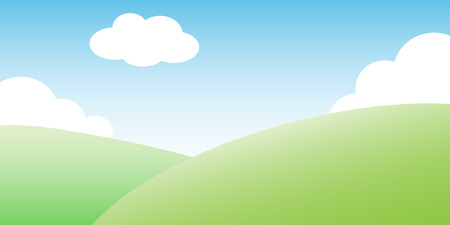Vector illustration of beautiful summer or spring landscape, field view with green hills, blue sky and clouds. Design for organic farm food and drink label, ecology concept, nature environment bannerのイラスト素材
