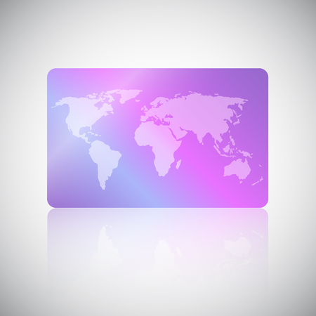 Travel agency business card. Gift card, discount or credit card with world map on holographic neon background. Electronics shop, techno store discount voucher, coupon or gift card. Vector designのイラスト素材