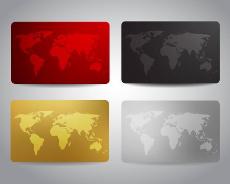 Gift cards or discount cards or credit cards set with world map on red, black, gold, golden silver background. Electronics shop, technologic agency discount voucher, coupon or gift cards Vector designのイラスト素材
