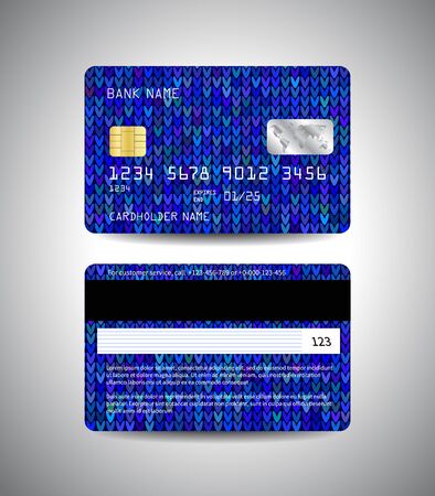 Vector detailed credit cards set with Christmas knitted blue abstract backgroundのイラスト素材