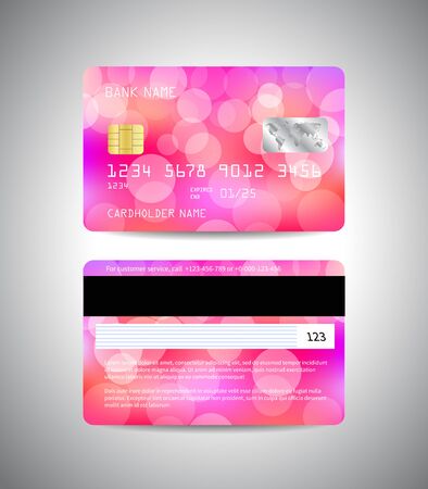 Vector credit cards set with colorful pink abstract design background with bokeh lightsのイラスト素材