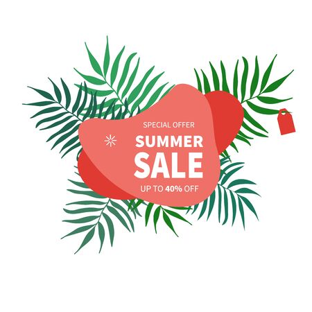 Summer sale banner template. Vector summer abstract geometric background with palm leavesのイラスト素材
