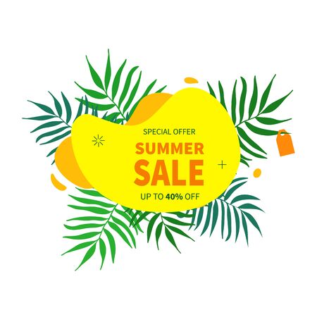 Summer sale banner template. Vector summer abstract geometric background with palm leavesのイラスト素材