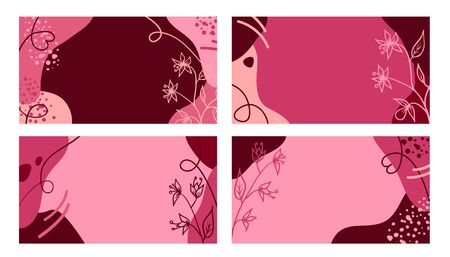 Summer pink banners with hand drawn flowers. Vector wedding card invitation, save the date card, banner, poster, romantic vector illustration in vintage style. Background for garden or botanical clubのイラスト素材