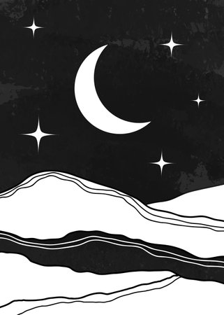Mid century modern poster vector landscape boho poster with moon, stars, mountains for print, wall art, bedroom decorの写真素材