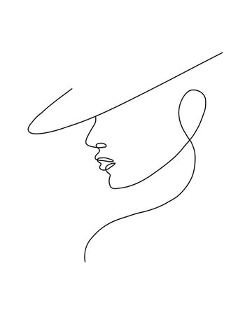 Line art woman face in a hat vector in one line art style. Line art in elegant style for posters, prints, tattoos, wall artのイラスト素材