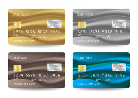 Credit Card vector set icons. Realistic detailed credit cards set with abstract background colorful design. Golden credit cardのイラスト素材