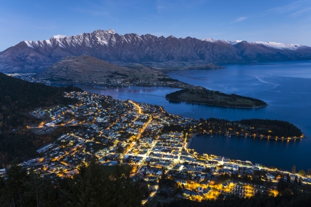 Aerial view of Queenstown downtown at dusk, South Island, New Zealandの写真素材