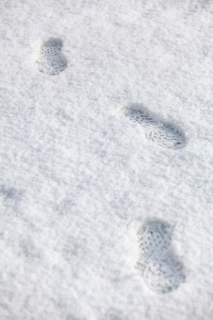Footprints in fresh snowの写真素材