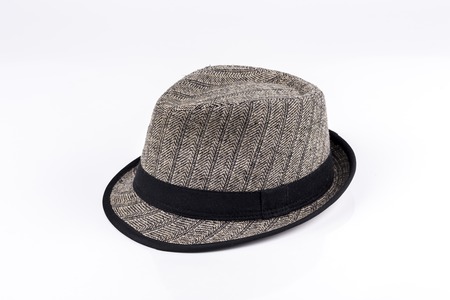 Grey felt trilby/fedora hat isolated on white backgroundの写真素材