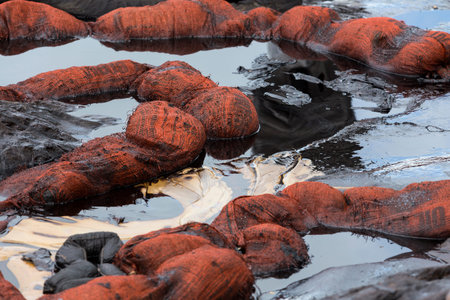 Containment Boom on the sand beach that covered with Crude Oil on oil spill accident on Ao Prao...