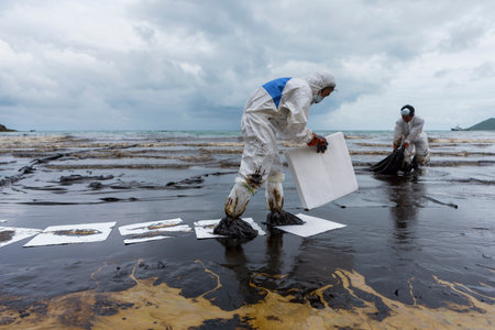 RAYONG, THAILAND - JULY 31, 2013: Workers remove and clean up crude oil spilled with absorbent paper from Prao Bay on July 31, 2013 in Samet Island, Rayong, Thailandのeditorial素材
