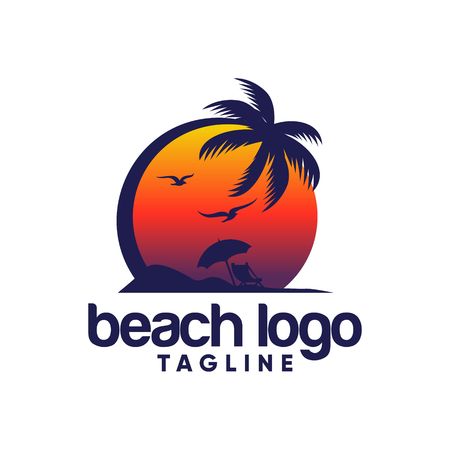 Beach icon with palm trees and birds in sun set Vector Templateのイラスト素材