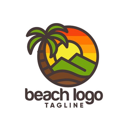 Beach icon with palm trees and mountain in sun set Vector Templateのイラスト素材