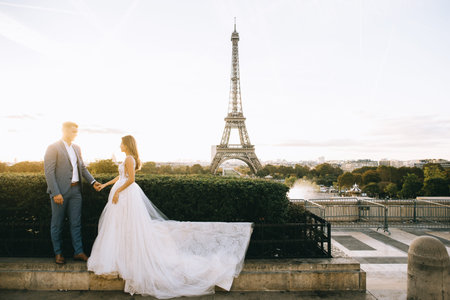 Happy bride and groom enjoying their wedding in Paris