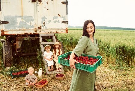 Beautiful young caucasian mother with her children in a linen dress with a basket of strawberries gathers a new crop and has fun with the children near the trailerの写真素材