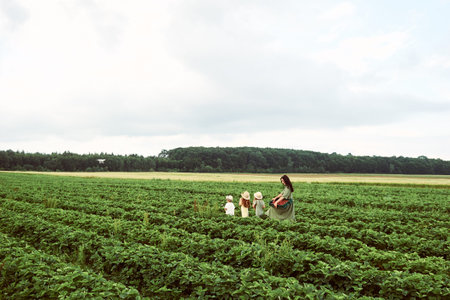 Beautiful young caucasian mother with her children in a linen dress with a basket of strawberries...