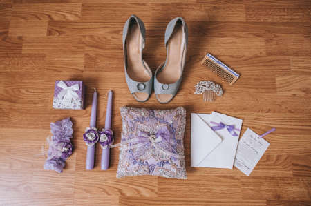 Delicate wedding decorations for the brides morning in purple lavender colors.の写真素材