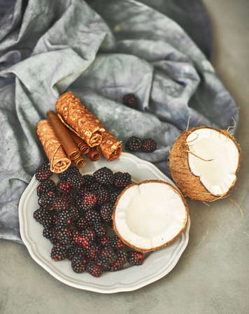 Fruits and pastilles on a gray background.の写真素材