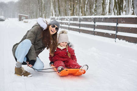 A young beautiful mom sledges her babyの写真素材