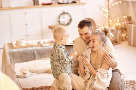 Young family dad, mom and their little son have a fun playing and cooking in the kitchenの写真素材
