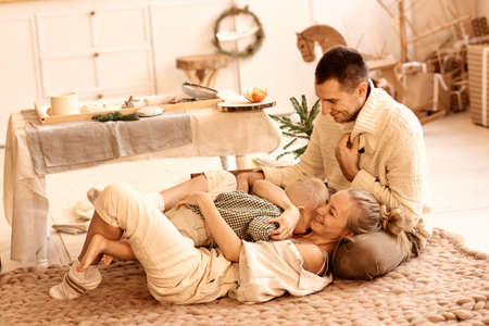 Young family dad, mom and their little son have a fun playing and cooking in the kitchenの写真素材