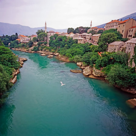 River Neretva in Mostar, Bosnia-Herzegovinaの写真素材