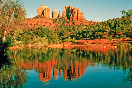 Cathedral Rock with Oak Creek in Arizonaの写真素材