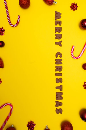 Christmass flatlay inscription merry christmas and christmas tree toysの写真素材
