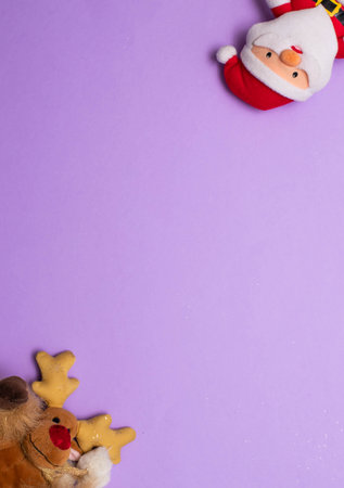 Christmass flatlay christmas plush deer toy and funny Santa Claus plush toyの写真素材