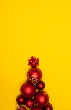 Christmass flatlay Christmas tree lined with Christmas tree decorationsの写真素材