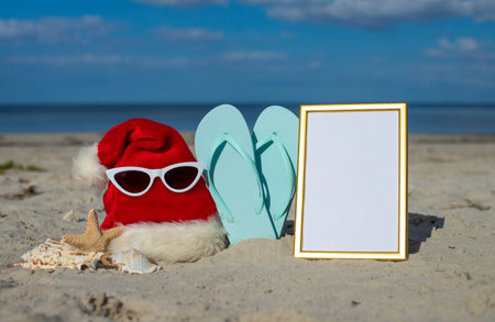 Santa Claus hat on the beach with starfish,beach slippers and frame rate for textの写真素材