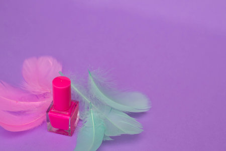 Pink nail polish with decorative elements of multi-colored feathersの写真素材