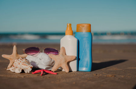 Beach essentials on sandy shore with sunscreen, starfish, and sunglassesの写真素材