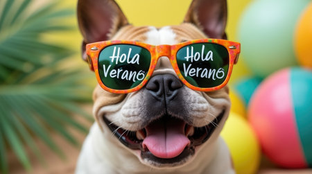 Joyful french bulldog with summer sunglasses and beach balls celebrating hola verano.の素材