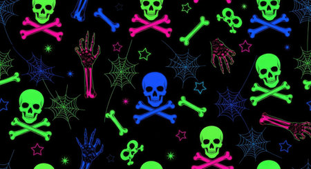 This vibrant design features an array of colorful skulls, crossbones, skeleton hands, and spider webs on a dark backdrop, perfect for Halloween celebrations or spooky events.の素材