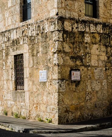 street corner with walls of an old spanish architecture in the colonial zone of the dominican republicの写真素材
