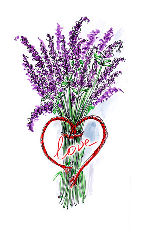 Watercolor greeting card with a bouquet of lavenderの写真素材