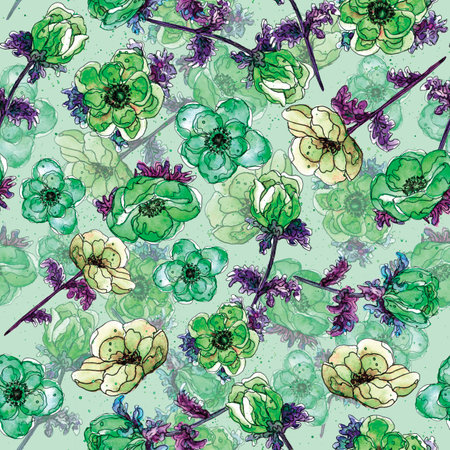 Green Anemone flowers in a seamless pattern on a green backgroundの写真素材