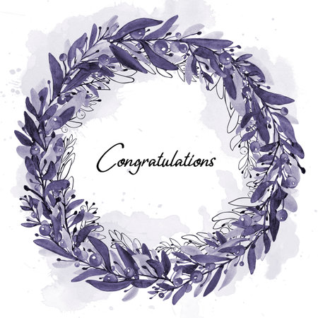Greeting card with a wreath of berries on branches in purple toneの写真素材