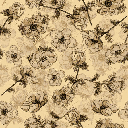 Anemone flowers in beige tone in a seamless patternの写真素材