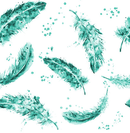 Seamless pattern of turquoise feathers on a white background.の写真素材