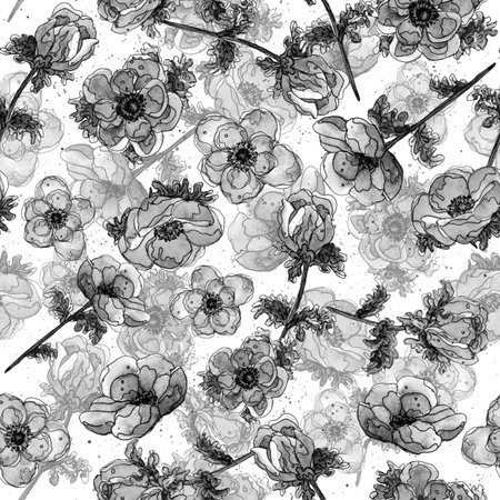Floral watercolor black and white seamless pattern in sketch styleの写真素材