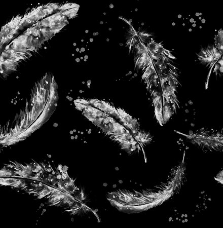 Seamless pattern of white feathers on a black backgroundの写真素材