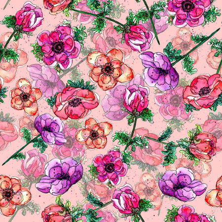 Watercolor anemone flowers in a seamless pattern on a pink backgroundの写真素材